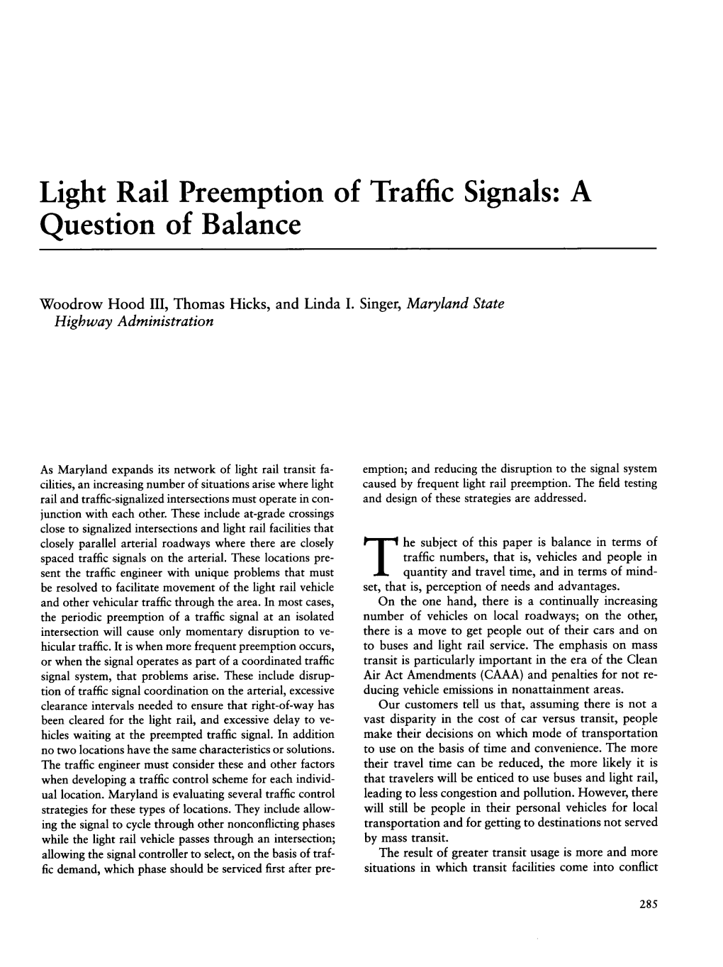 Light Rail Preemption of Traffic Signals: a Question of Balance