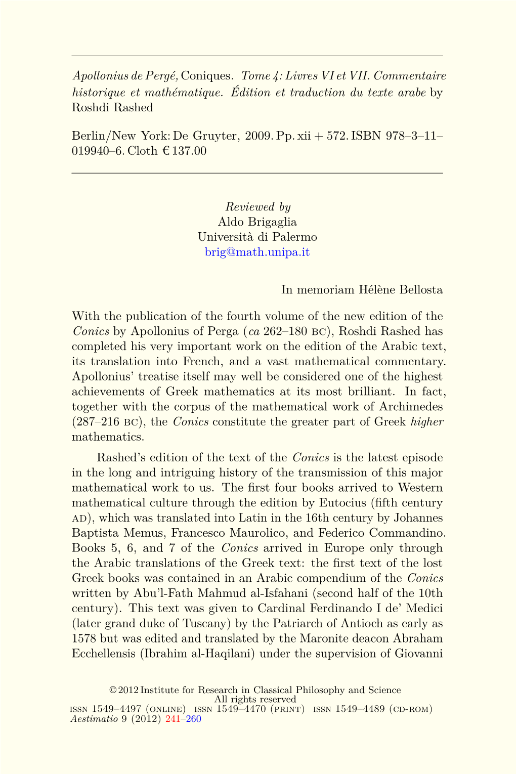 Apollonius De Pergé, Coniques. Tome 4: Livres VI Et VII. Commentaire Historique Et Mathématique