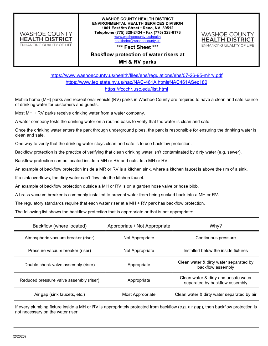 *** Fact Sheet *** Backflow Protection of Water Risers at MH & RV Parks