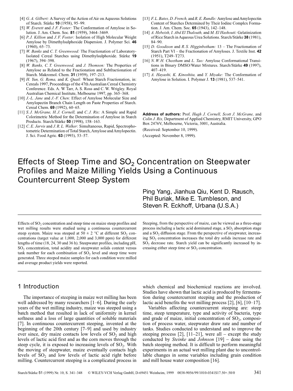 Effects of Steep Time and SO2 Concentration on Steepwater Profiles and Maize Milling Yields Using a Continuous Countercurrent St