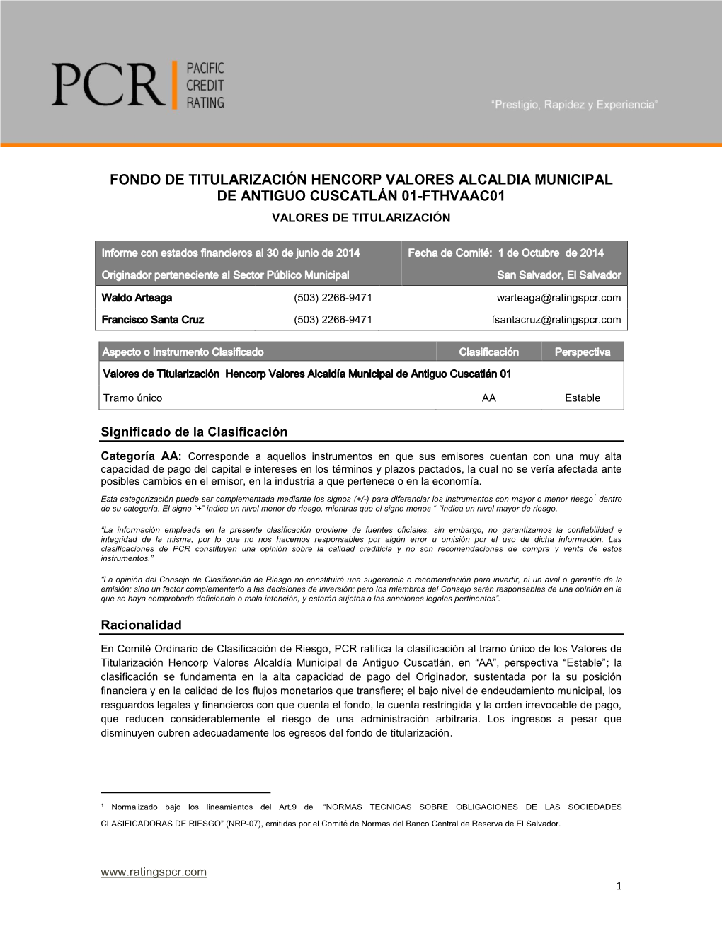 Fondo De Titularización Hencorp Valores Alcaldia Municipal De Antiguo Cuscatlán 01-Fthvaac01 Valores De Titularización