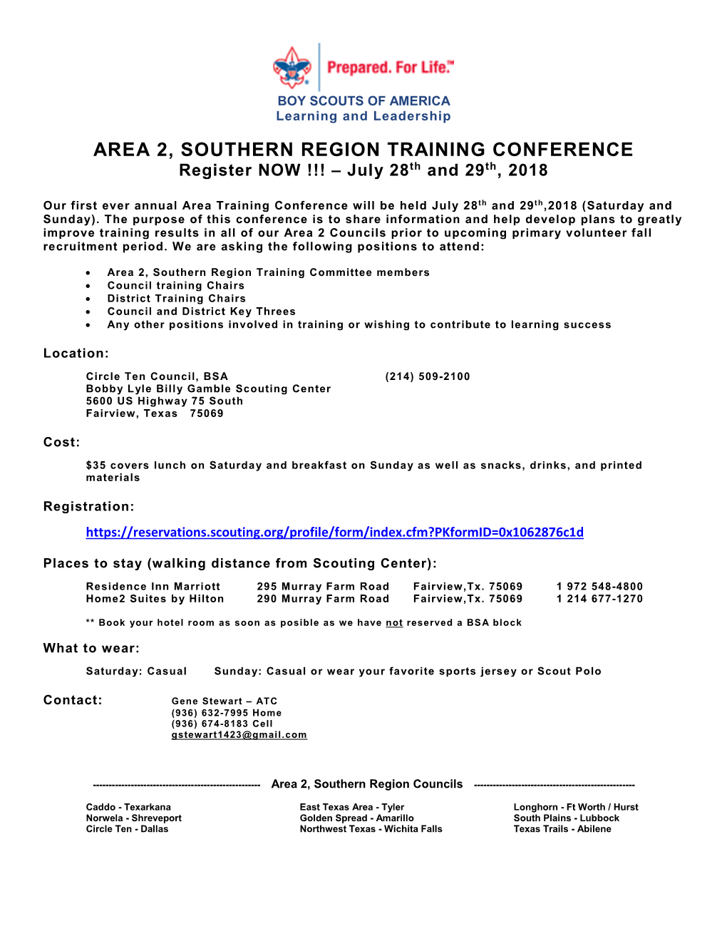 AREA 2, SOUTHERN REGION TRAINING CONFERENCE Register NOW !!! – July 28Th and 29Th, 2018