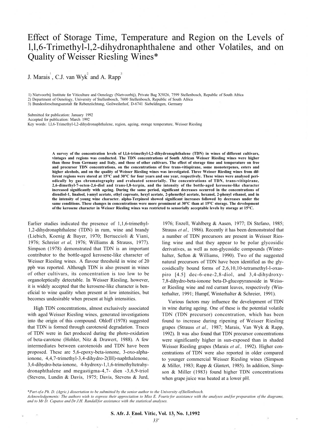 Effect of Storage Time, Temperature and Region on the Levels of L,L,6-Trimethyl-L,2-Dihydronaphthalene and Other Volatiles, and on Quality of Weisser Riesling Wines*