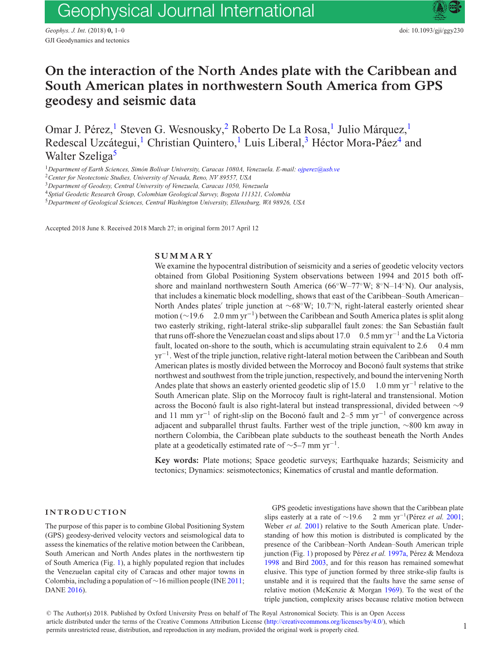 On the Interaction of the North Andes Plate with the Caribbean and South American Plates in Northwestern South America from GPS Geodesy and Seismic Data