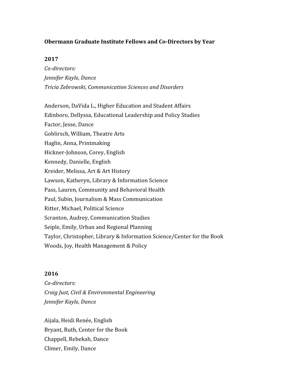 Obermann Graduate Institute Fellows and Co-Directors by Year