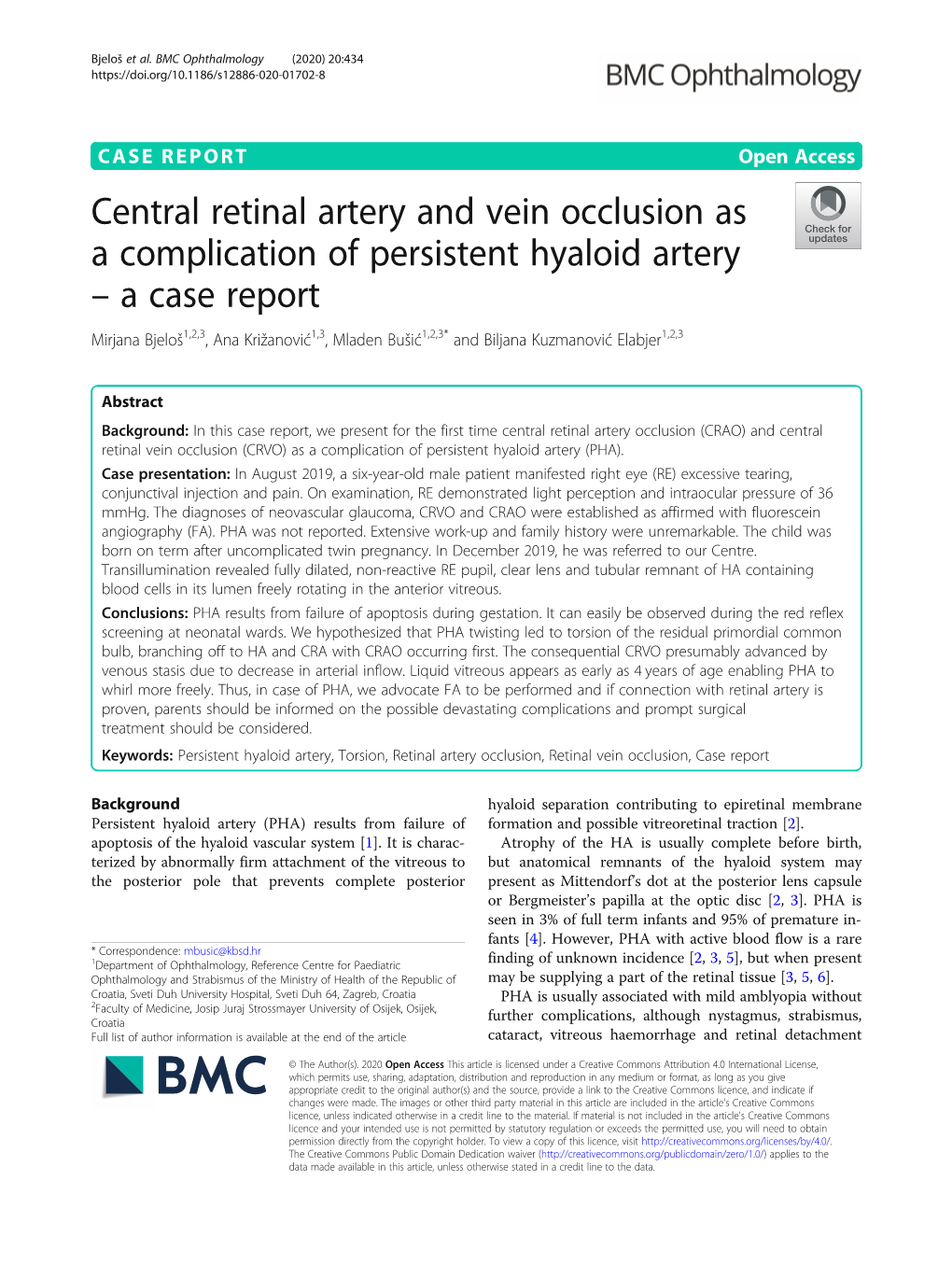 Central Retinal Artery and Vein Occlusion As a Complication of Persistent Hyaloid Artery