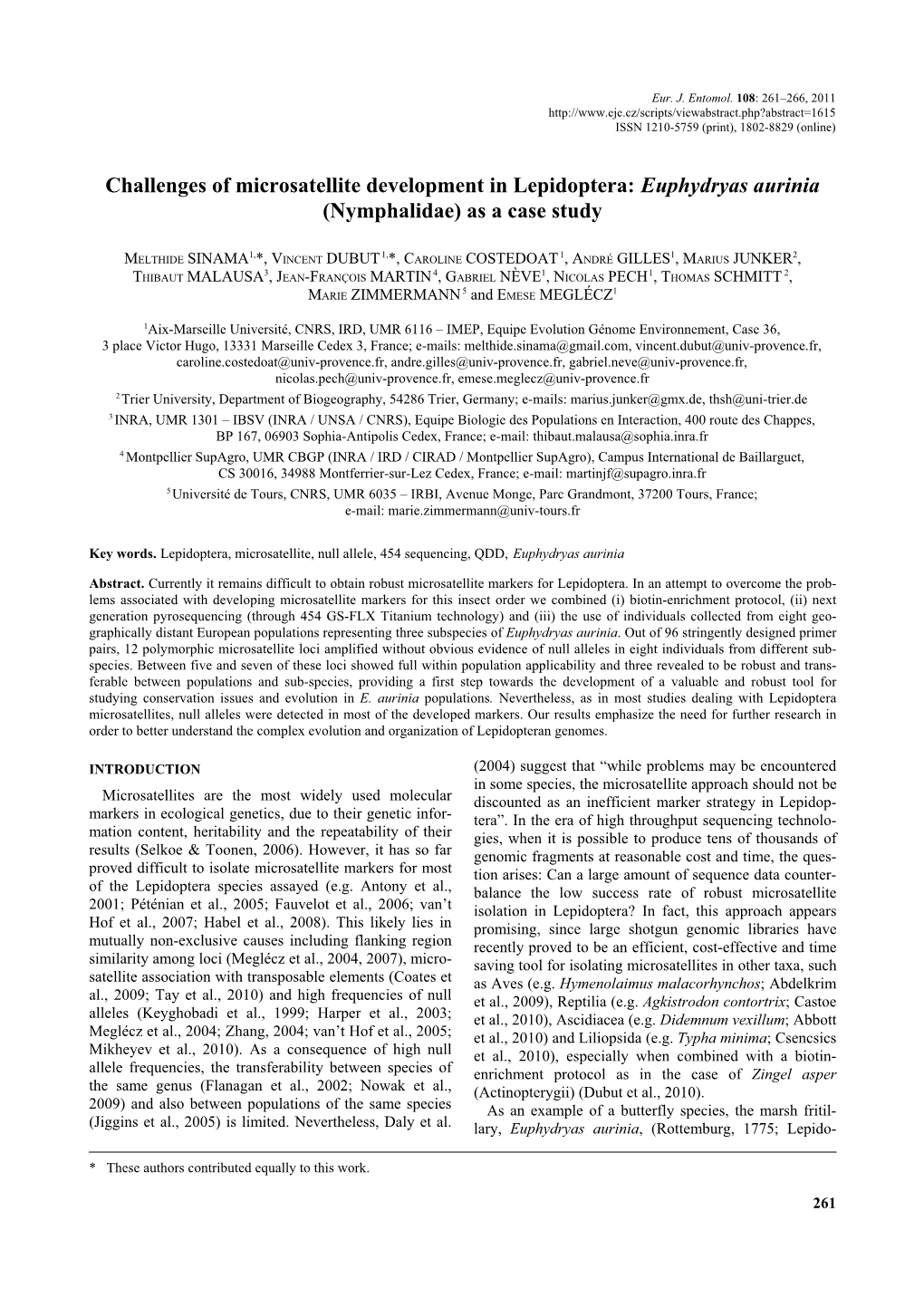 Challenges of Microsatellite Development in Lepidoptera: Euphydryas Aurinia (Nymphalidae) As a Case Study