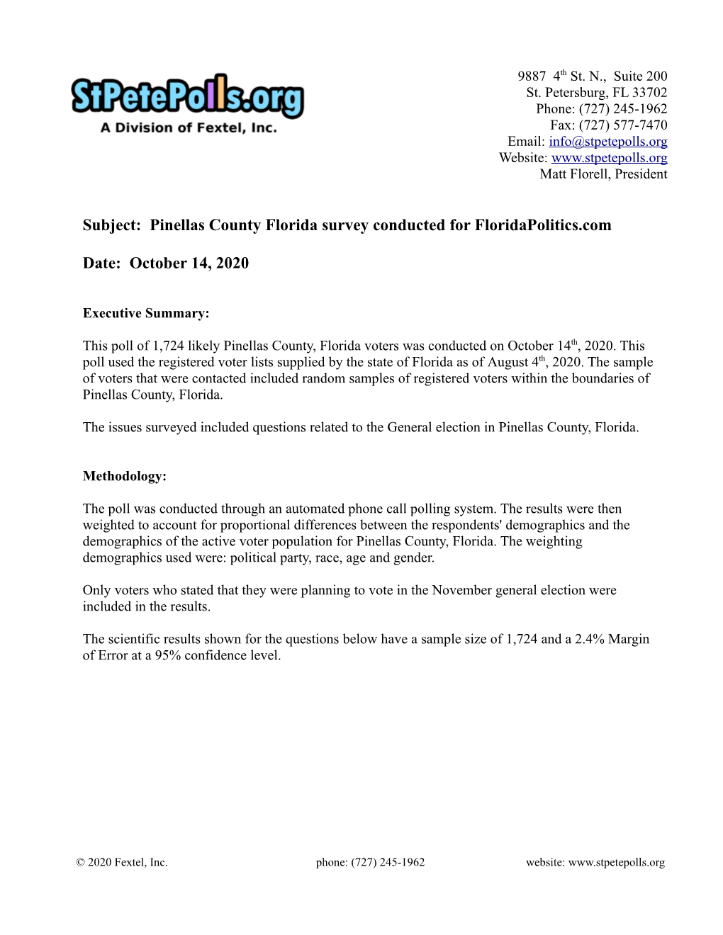 Subject: Pinellas County Florida Survey Conducted for Floridapolitics.Com Date: October 14, 2020