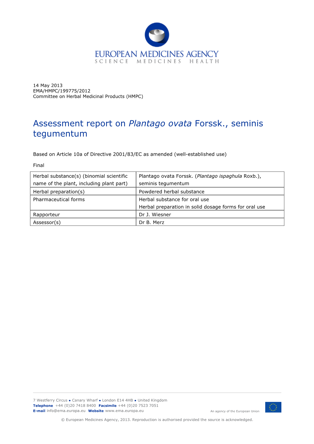 Assessment Report on Plantago Ovata Forssk., Seminis Tegumentum