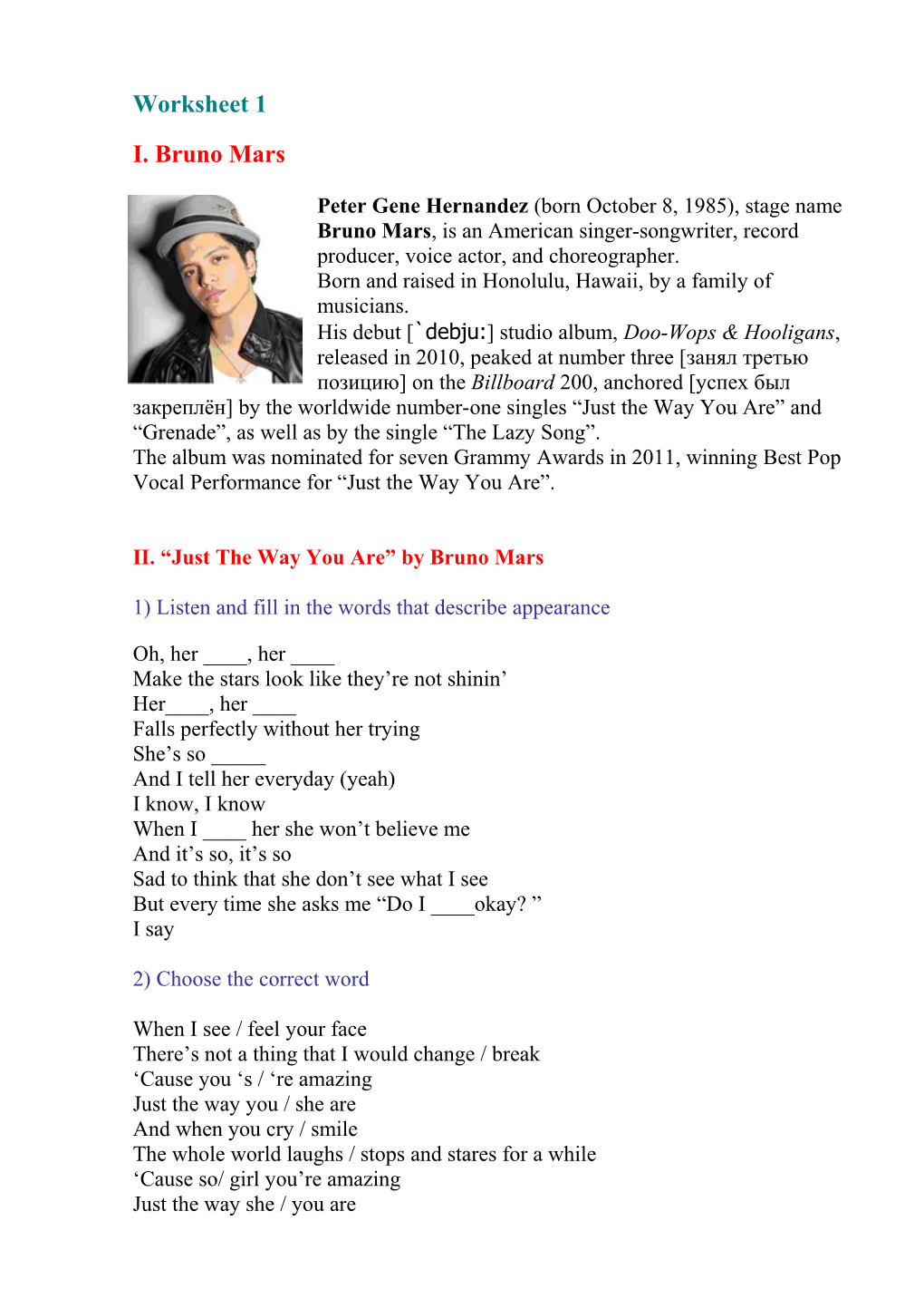 Worksheet 1 I. Bruno Mars