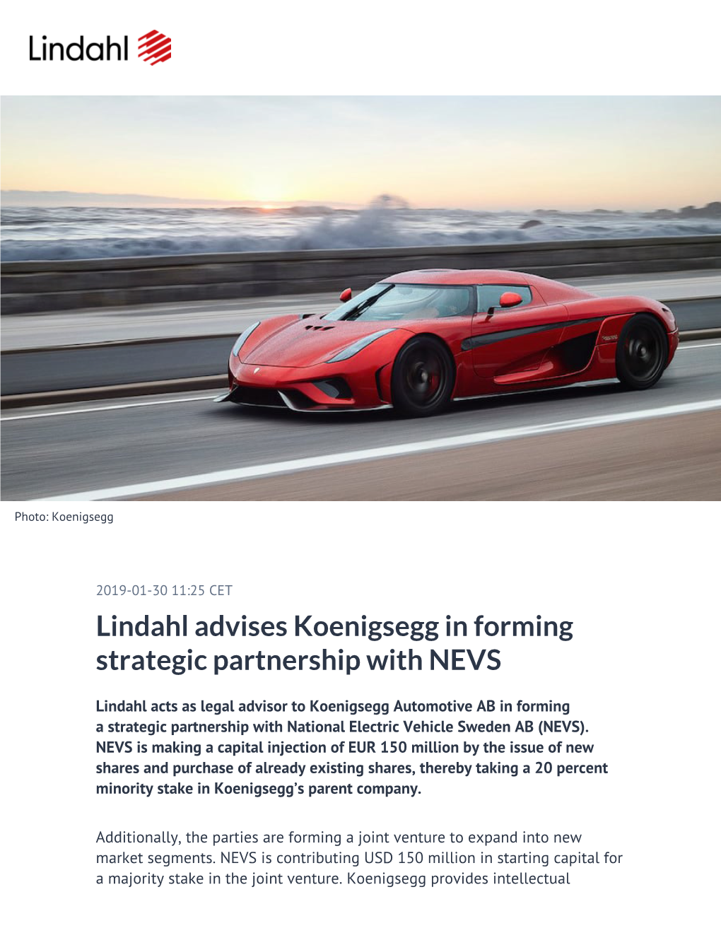 Lindahl Advises Koenigsegg in Forming Strategic Partnership with NEVS