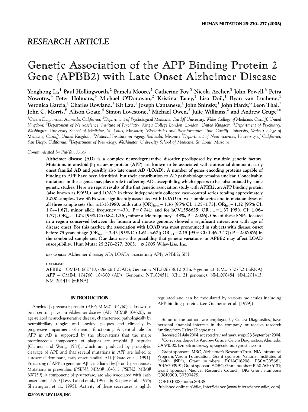 Genetic Association of the APP Binding Protein 2 Gene (APBB2) with Late Onset Alzheimer Disease