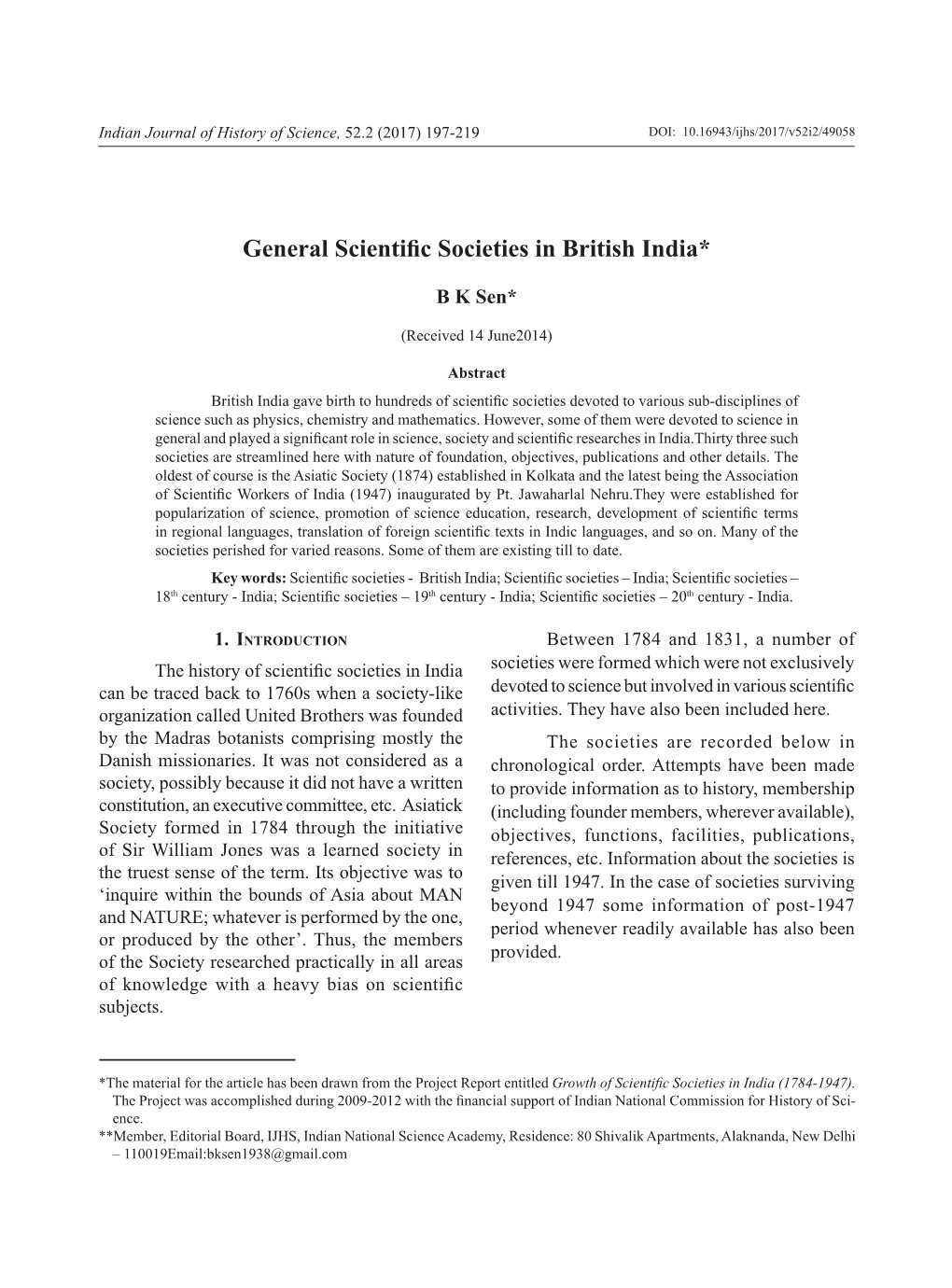 Historical Note: General Scientific Societies in British India 199