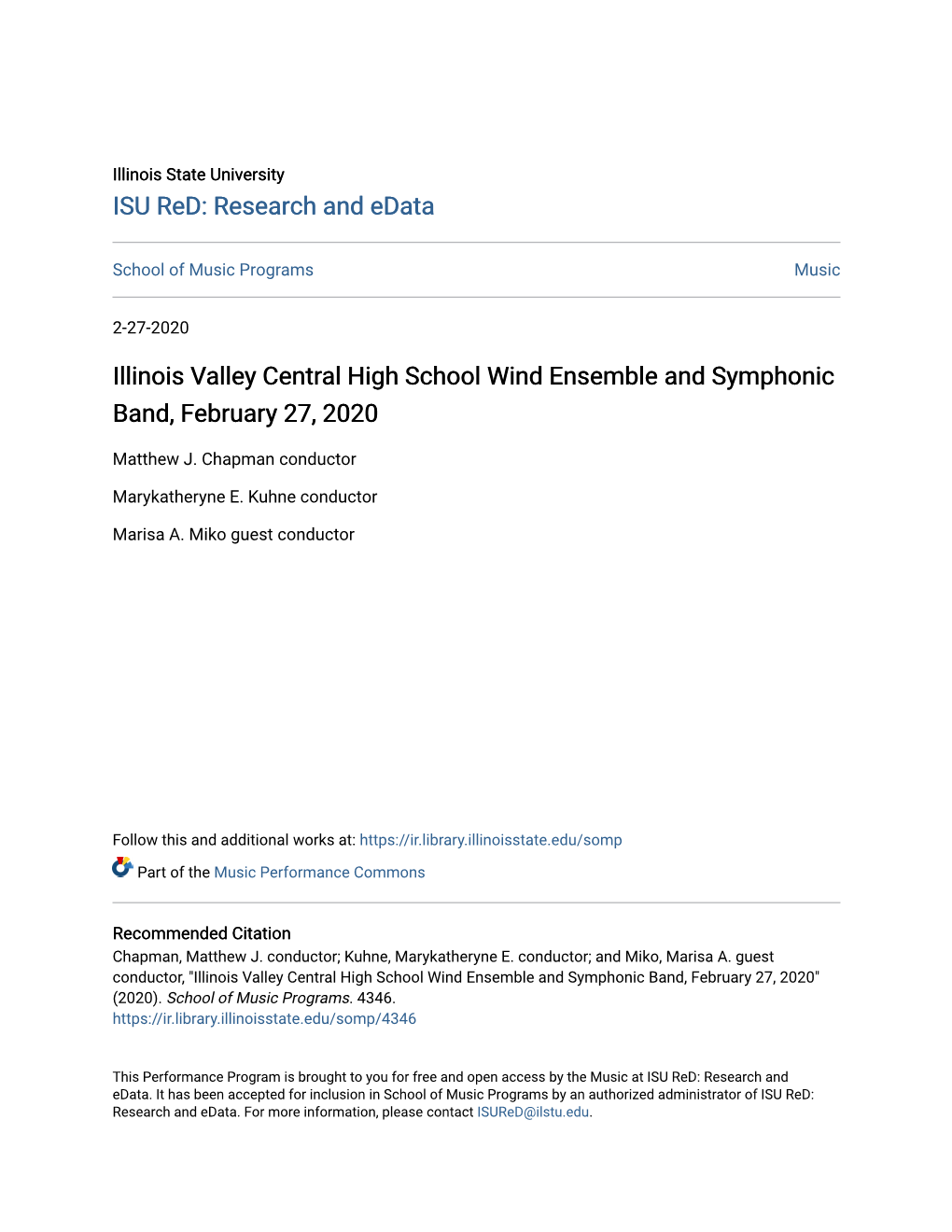 Illinois Valley Central High School Wind Ensemble and Symphonic Band, February 27, 2020