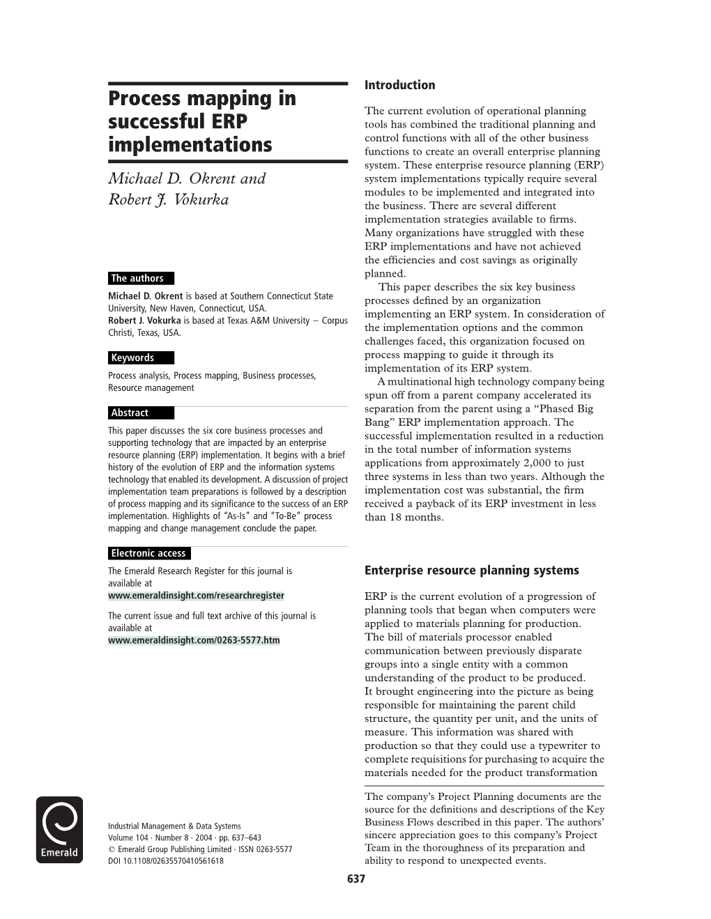 Process Mapping in Successful ERP Implementations Industrial Management & Data Systems Michael D