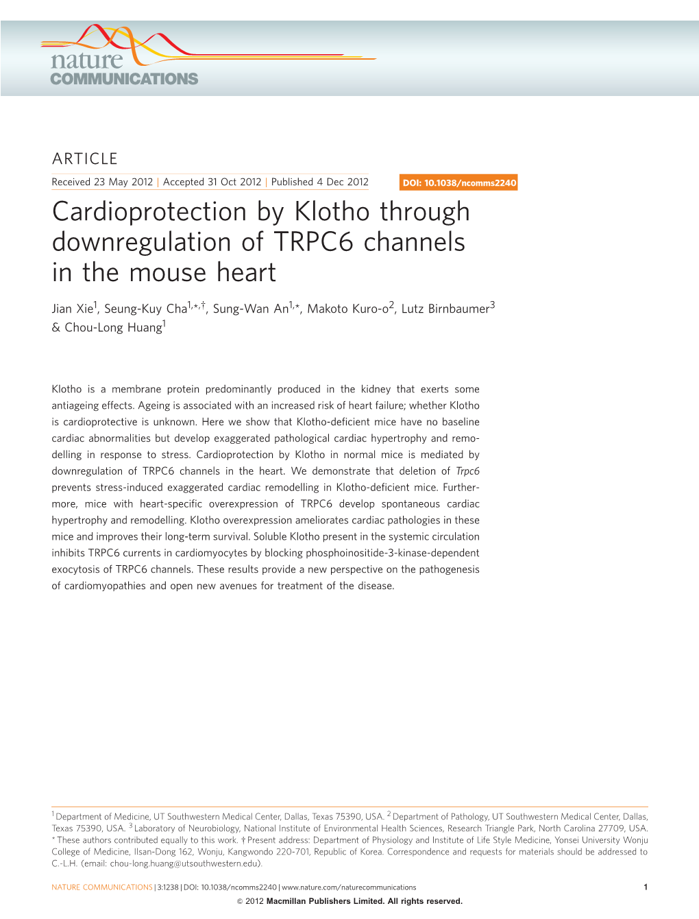 Cardioprotection by Klotho Through Downregulation of TRPC6 Channels in the Mouse Heart