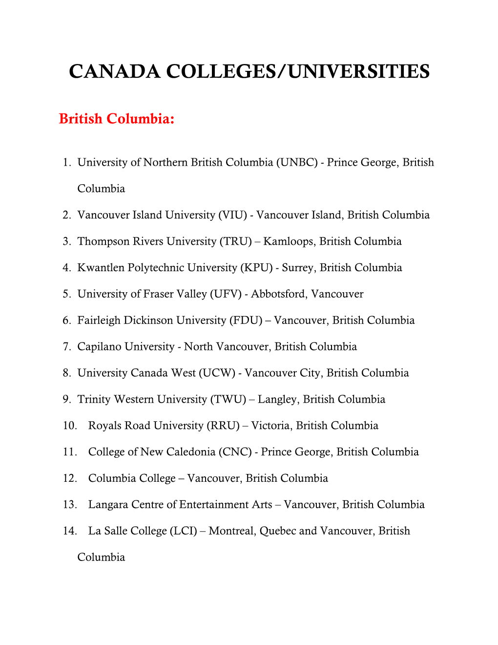 Canada Colleges/Universities