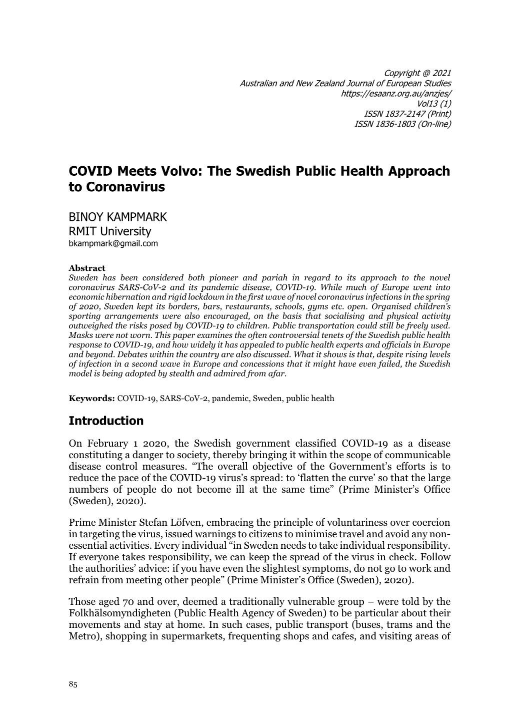 The Swedish Public Health Approach to Coronavirus