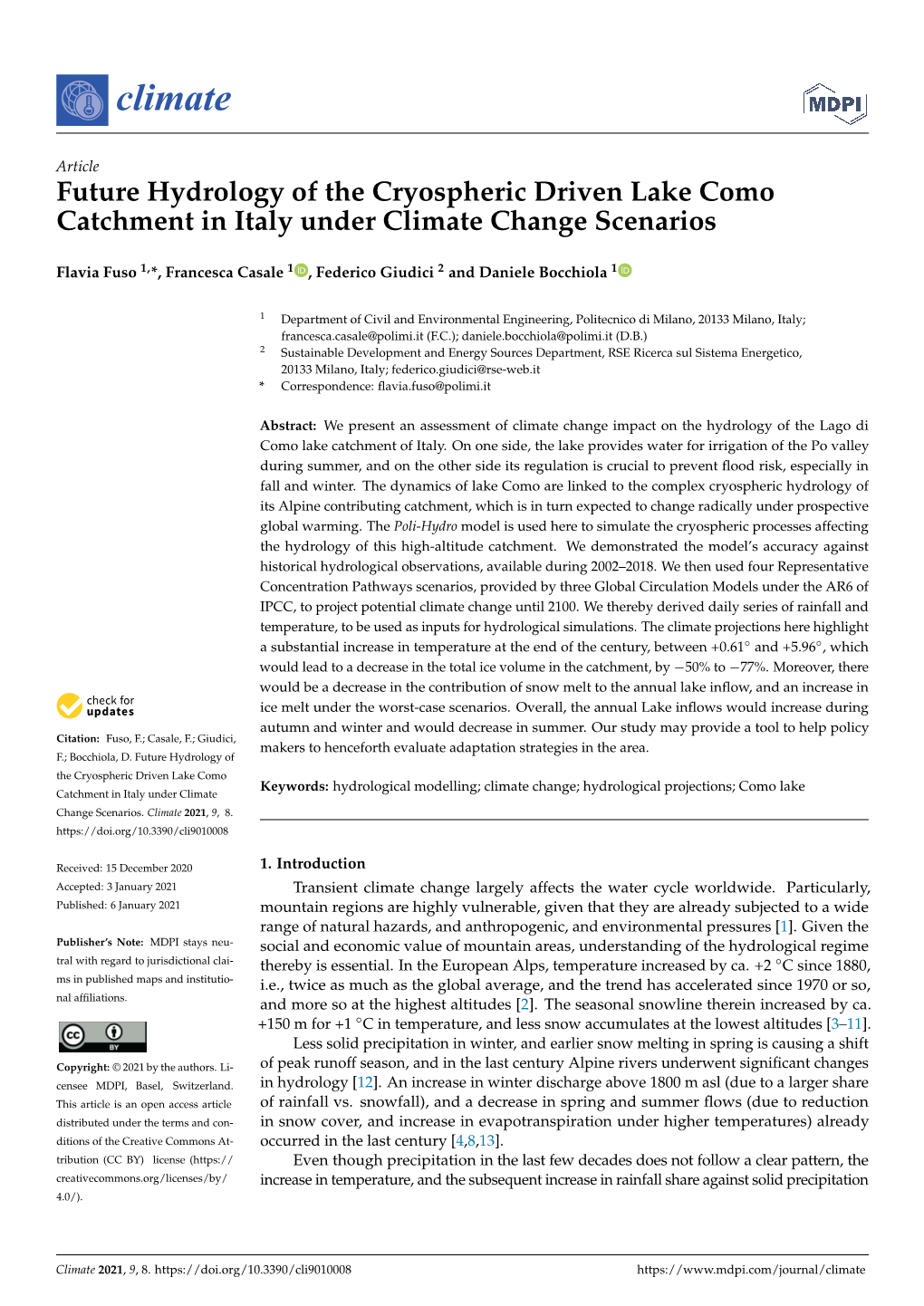 Future Hydrology of the Cryospheric Driven Lake Como Catchment in Italy Under Climate Change Scenarios