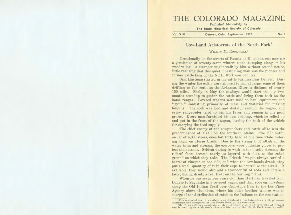 THE COLORADO MAGAZINE Published Bl-Monthly by the State Historical Society of Colorado Vol.XIV Denver, Colo., September, 1937 No