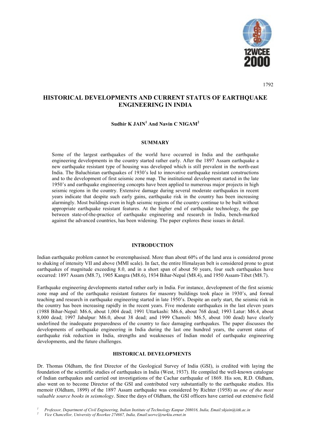 Historical Developments and Current Status of Earthquake Engineering in India