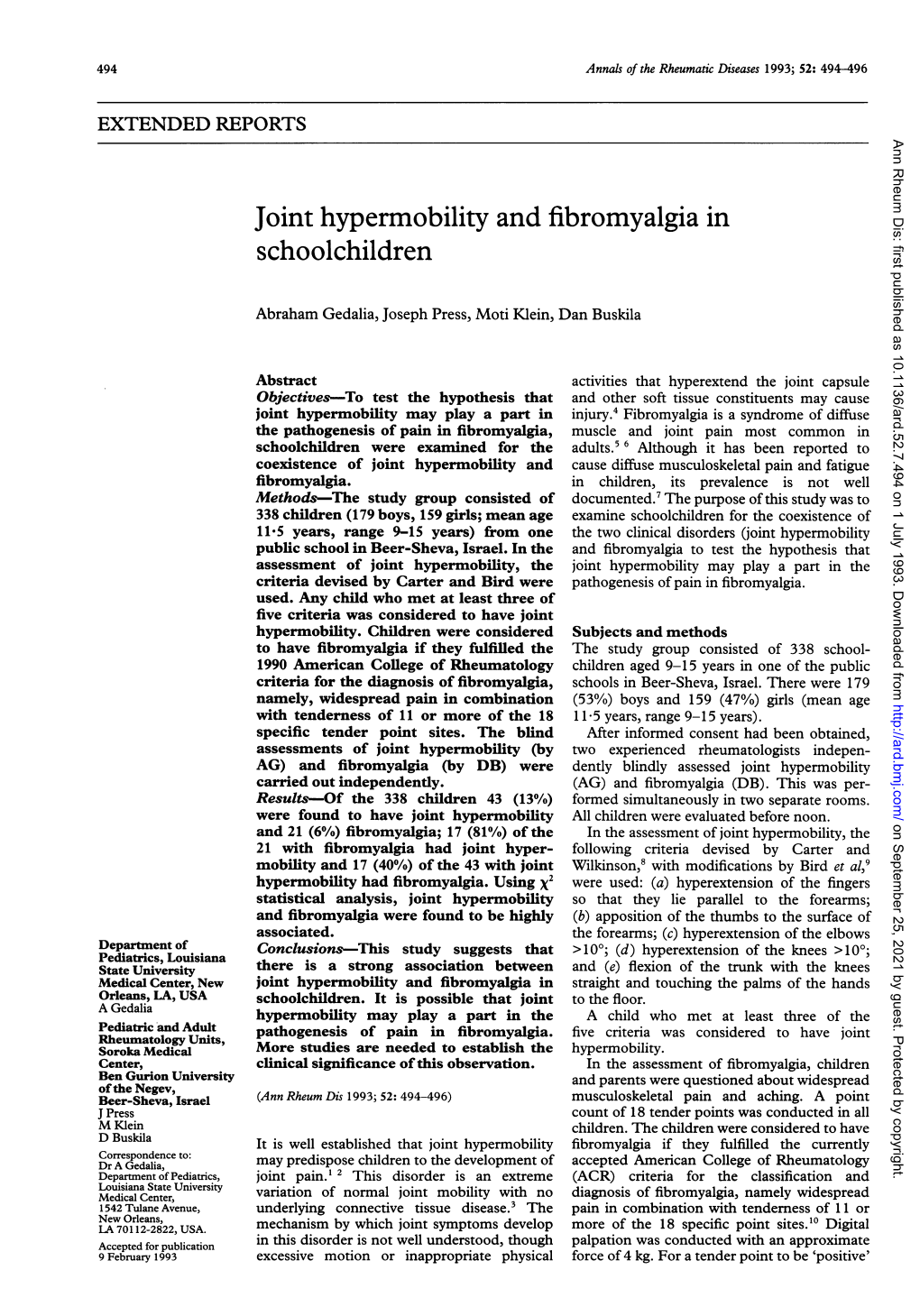 Joint Hypermobility and Fibromyalgia in Schoolchildren