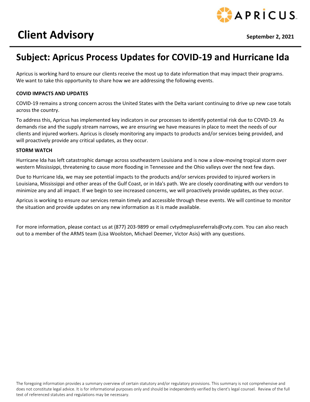 Subject: Apricus Process Updates for COVID-19 and Hurricane Ida