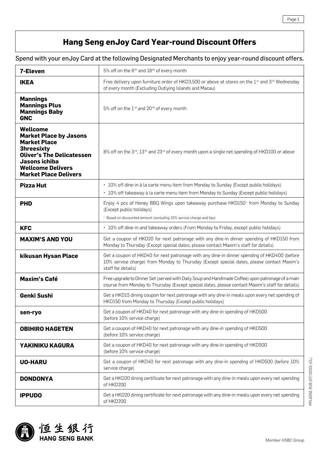 Hang Seng Enjoy Card Year-Round Discount Offers