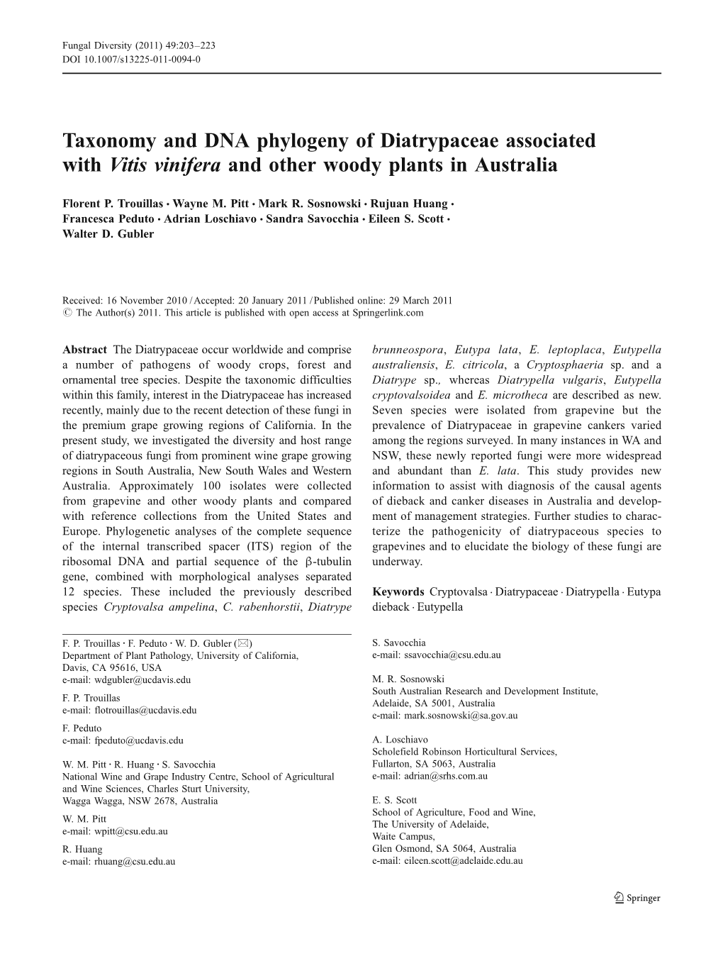 Taxonomy and DNA Phylogeny of Diatrypaceae Associated with Vitis Vinifera and Other Woody Plants in Australia