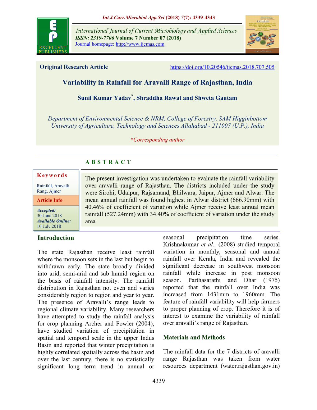 Variability in Rainfall for Aravalli Range of Rajasthan, India