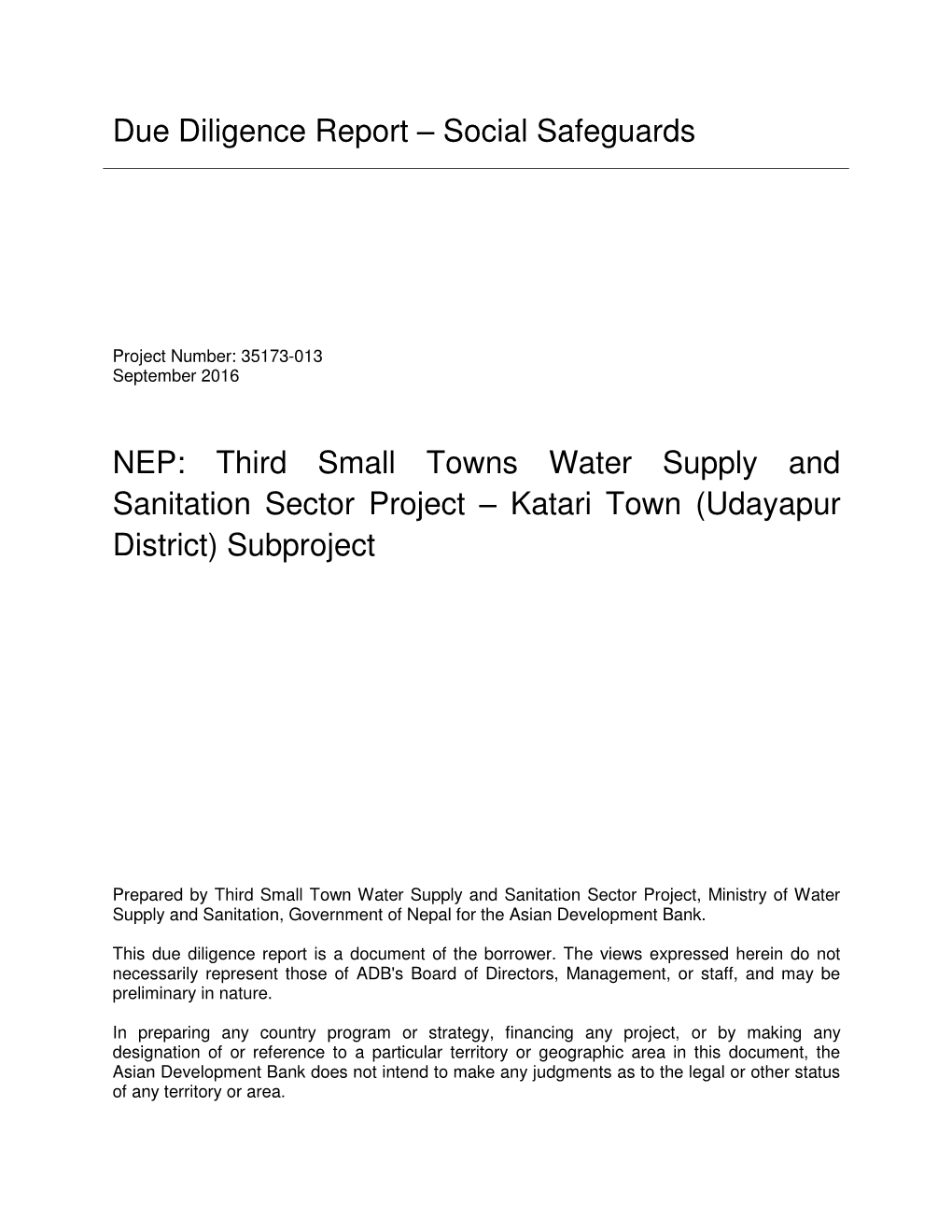 Third Small Towns Water Supply and Sanitation Sector Project – Katari Town (Udayapur District) Subproject