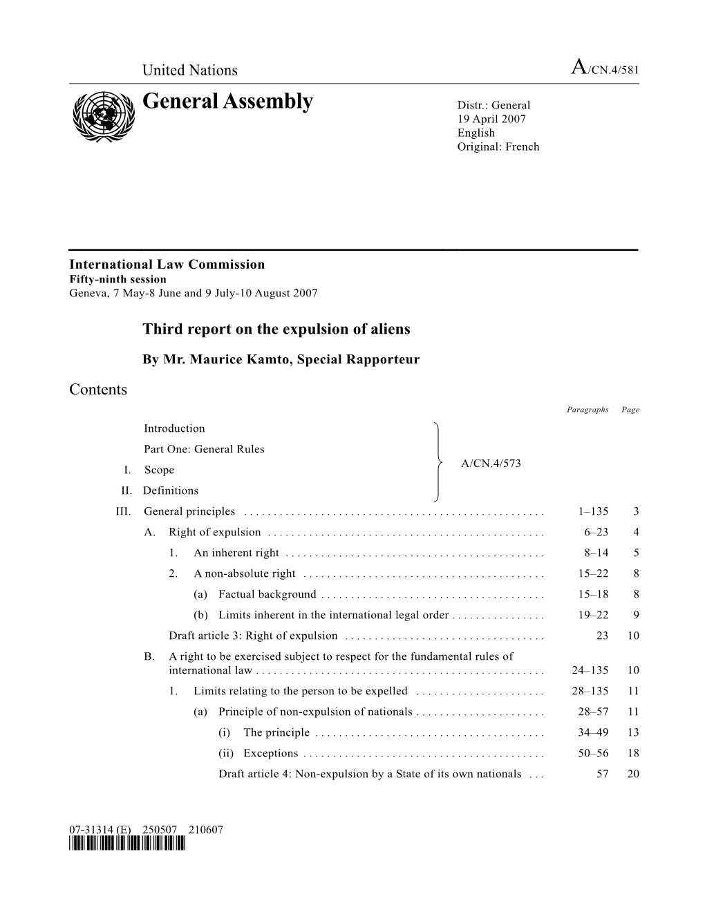 General Assembly Distr.: General 19 April 2007 English Original: French