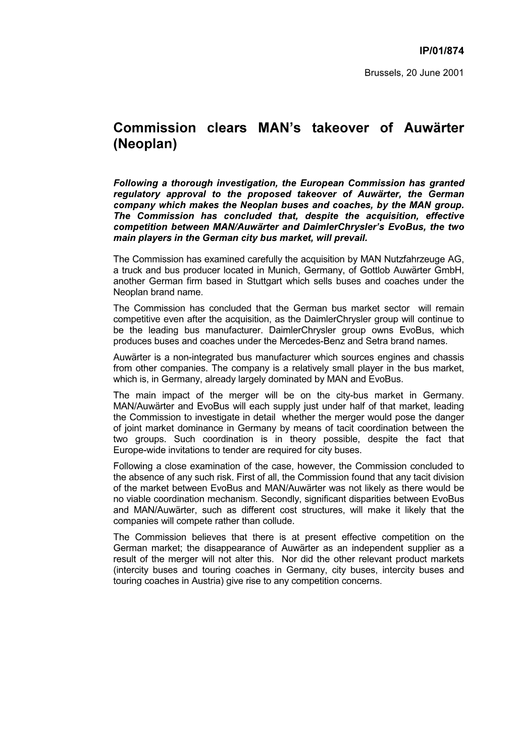 Commission Clears MAN¶S Takeover of Auwärter (Neoplan)