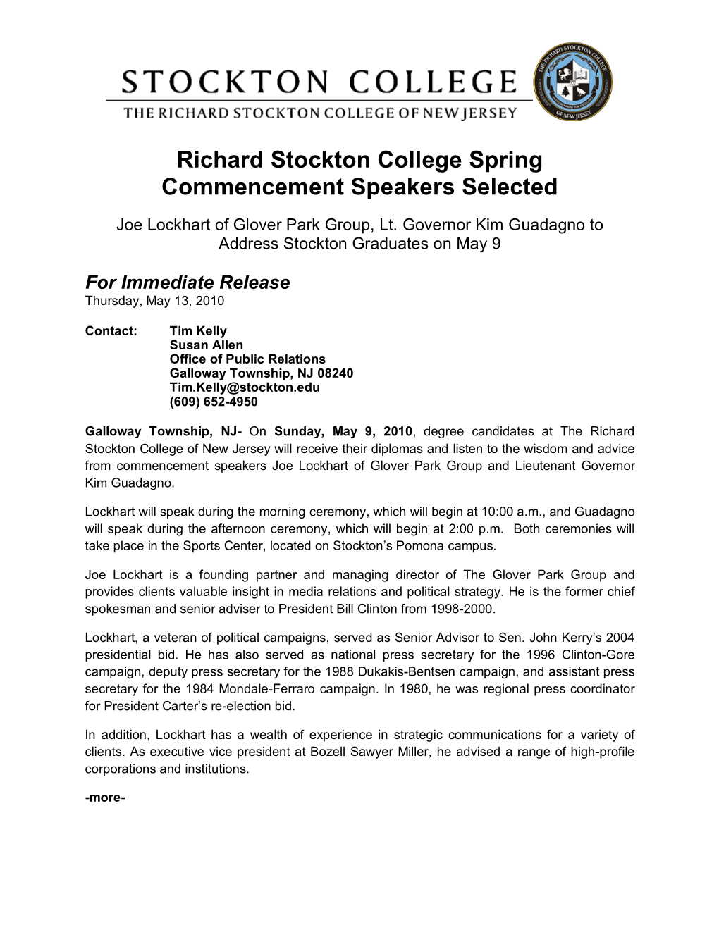 Richard Stockton College Spring Commencement Speakers Selected