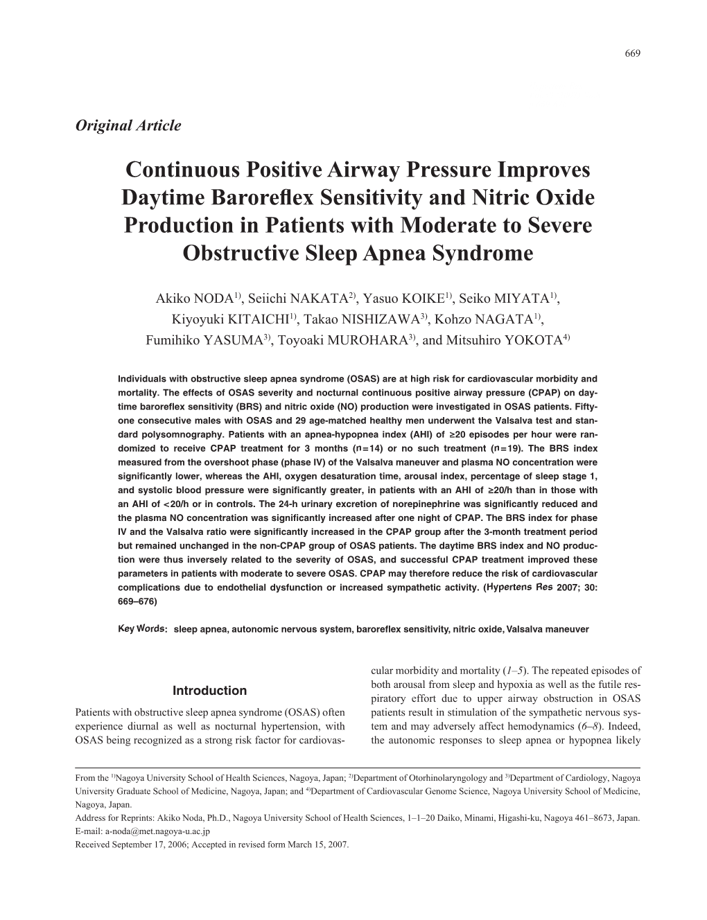 Continuous Positive Airway Pressure Improves Daytime Baroreflex