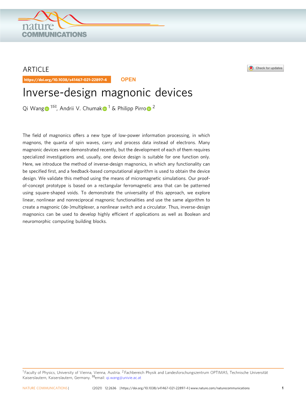 Inverse-Design Magnonic Devices ✉ Qi Wang 1 , Andrii V