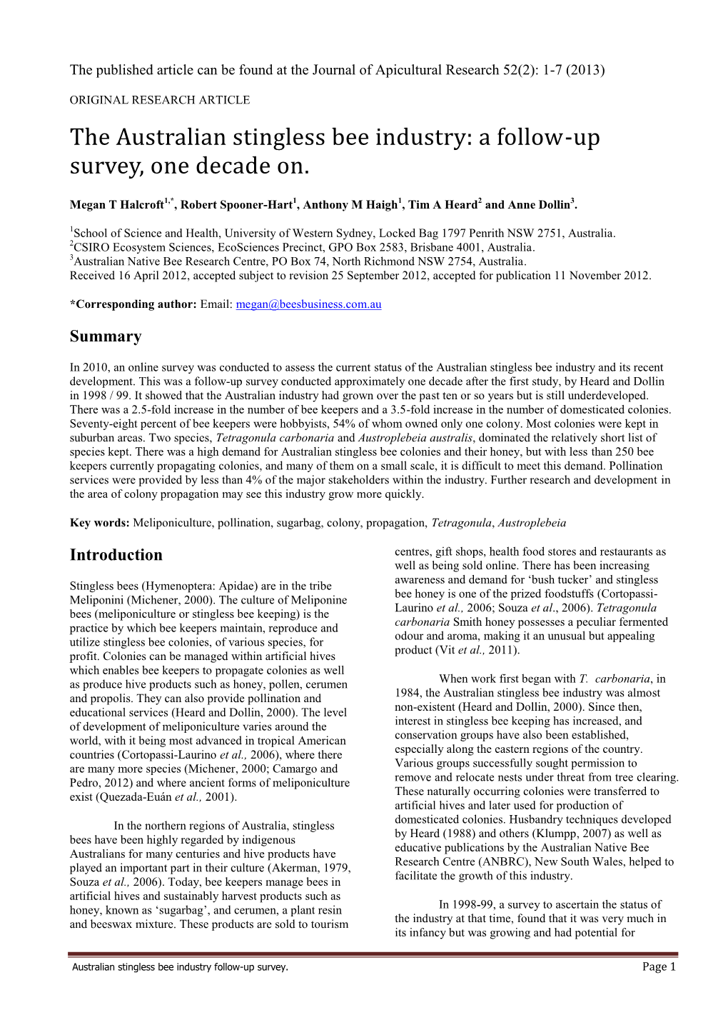 Halcroft Et Al Australian Stingless Bee Industry Authors