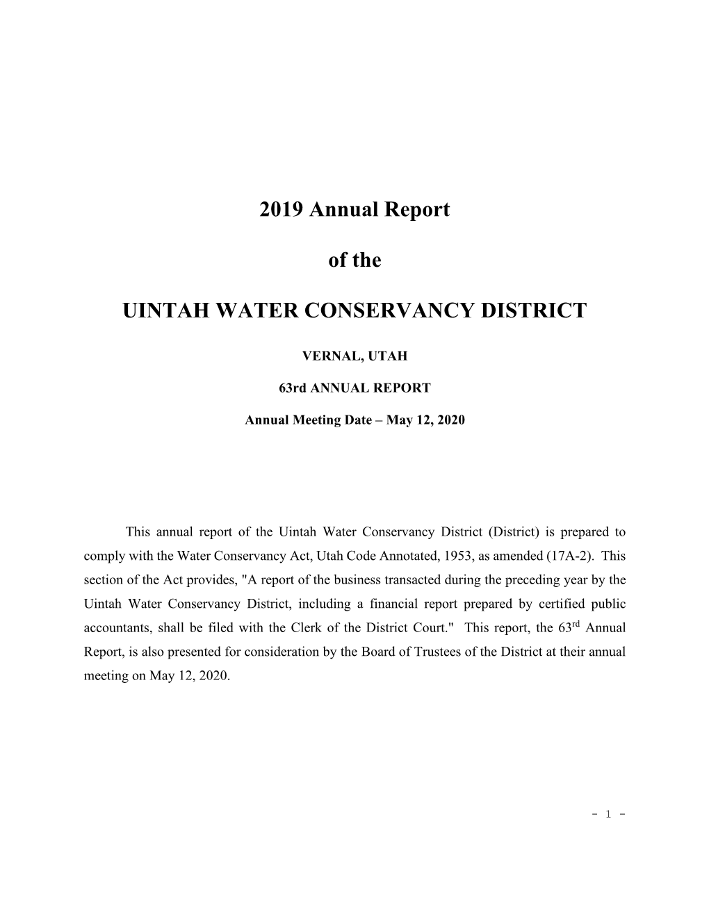 2019 Annual Report of the UINTAH WATER CONSERVANCY DISTRICT