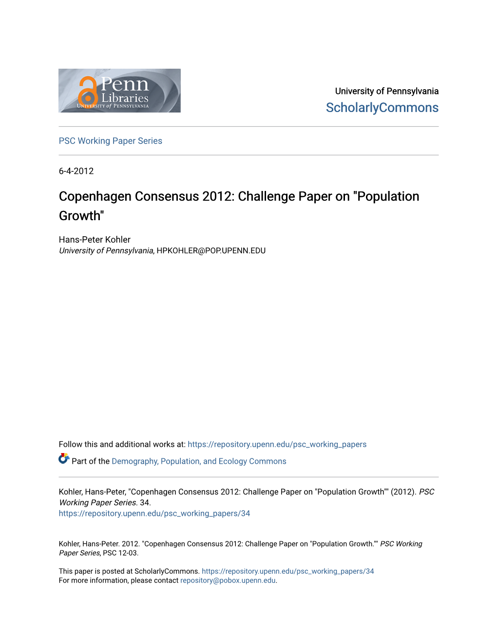 Copenhagen Consensus 2012: Challenge Paper on "Population Growth"