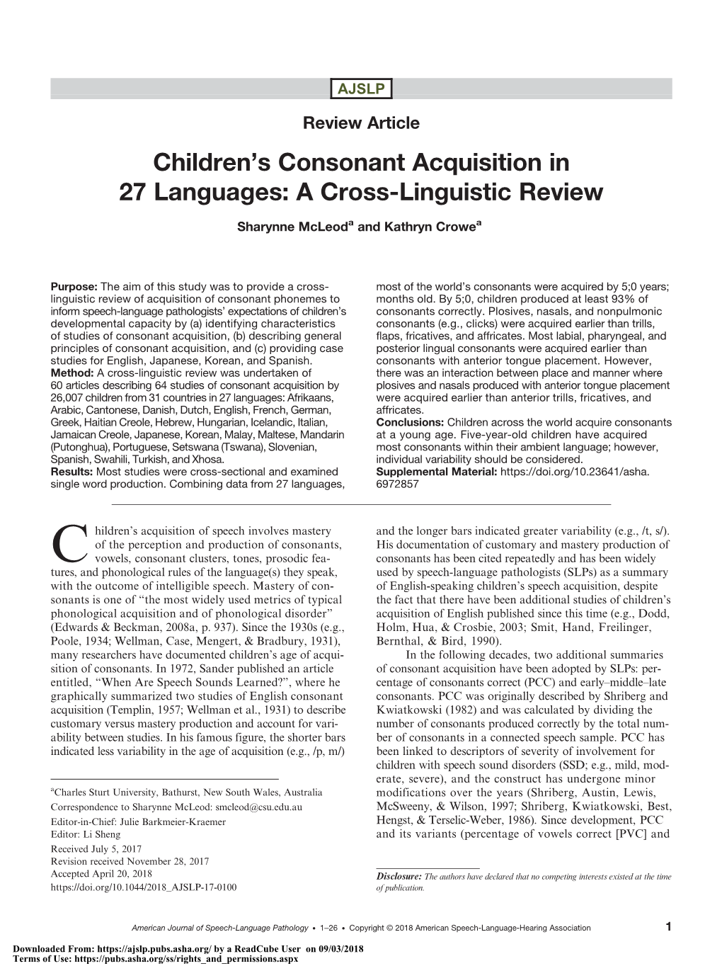 Children's Consonant Acquisition in 27 Languages: a Cross-Linguistic