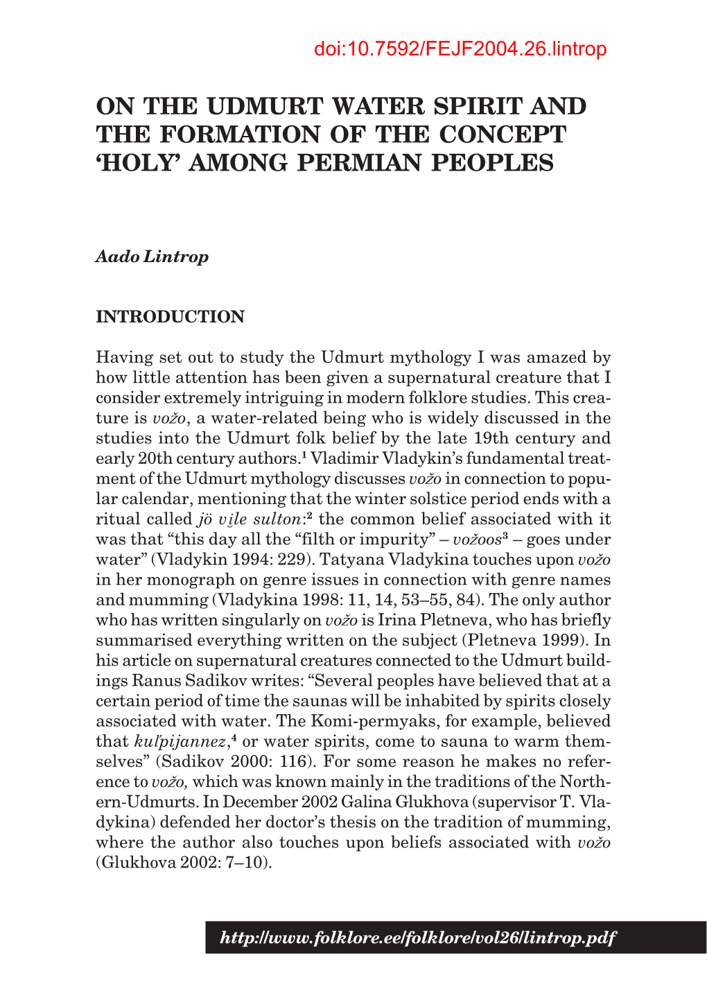 On the Udmurt Water Spirit and the Formation of the Concept ‘Holy’ Among Permian Peoples