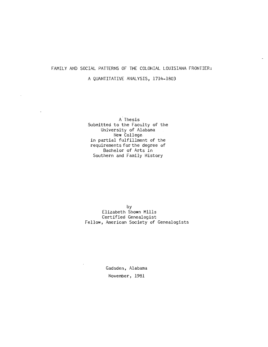 Family and Social Patterns of the Colonial Louisiana Frontier: a Quantitative Analysis, 1714-1803