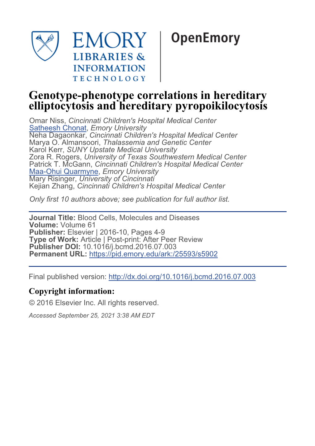 Genotype-Phenotype Correlations in Hereditary Elliptocytosis And