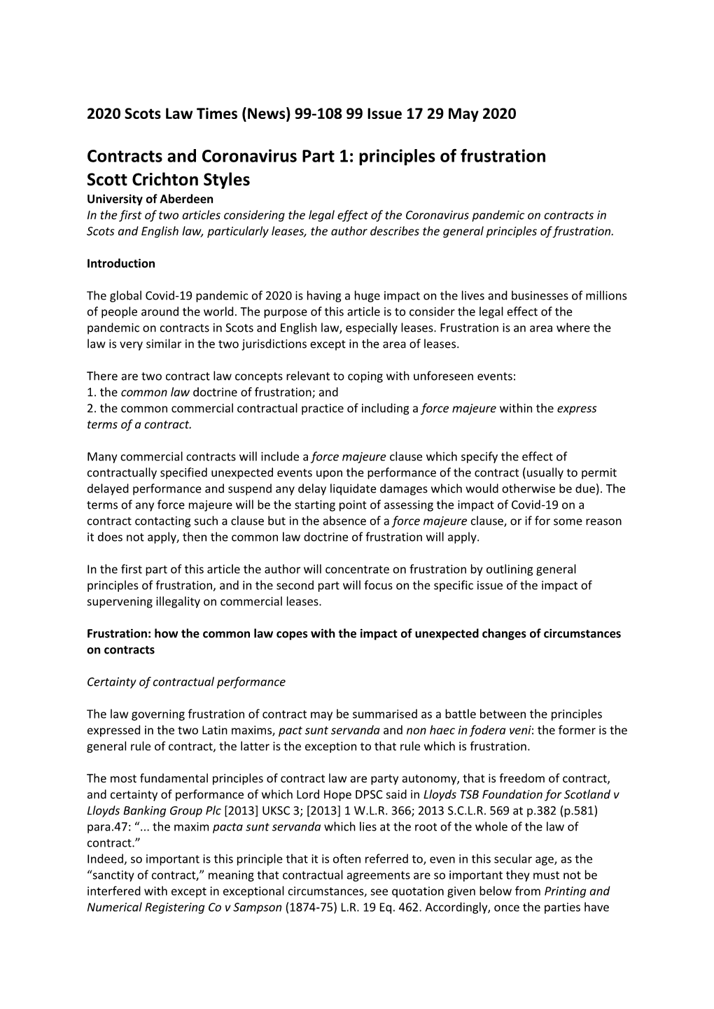 Contracts and Coronavirus Part 1: Principles of Frustration Scott