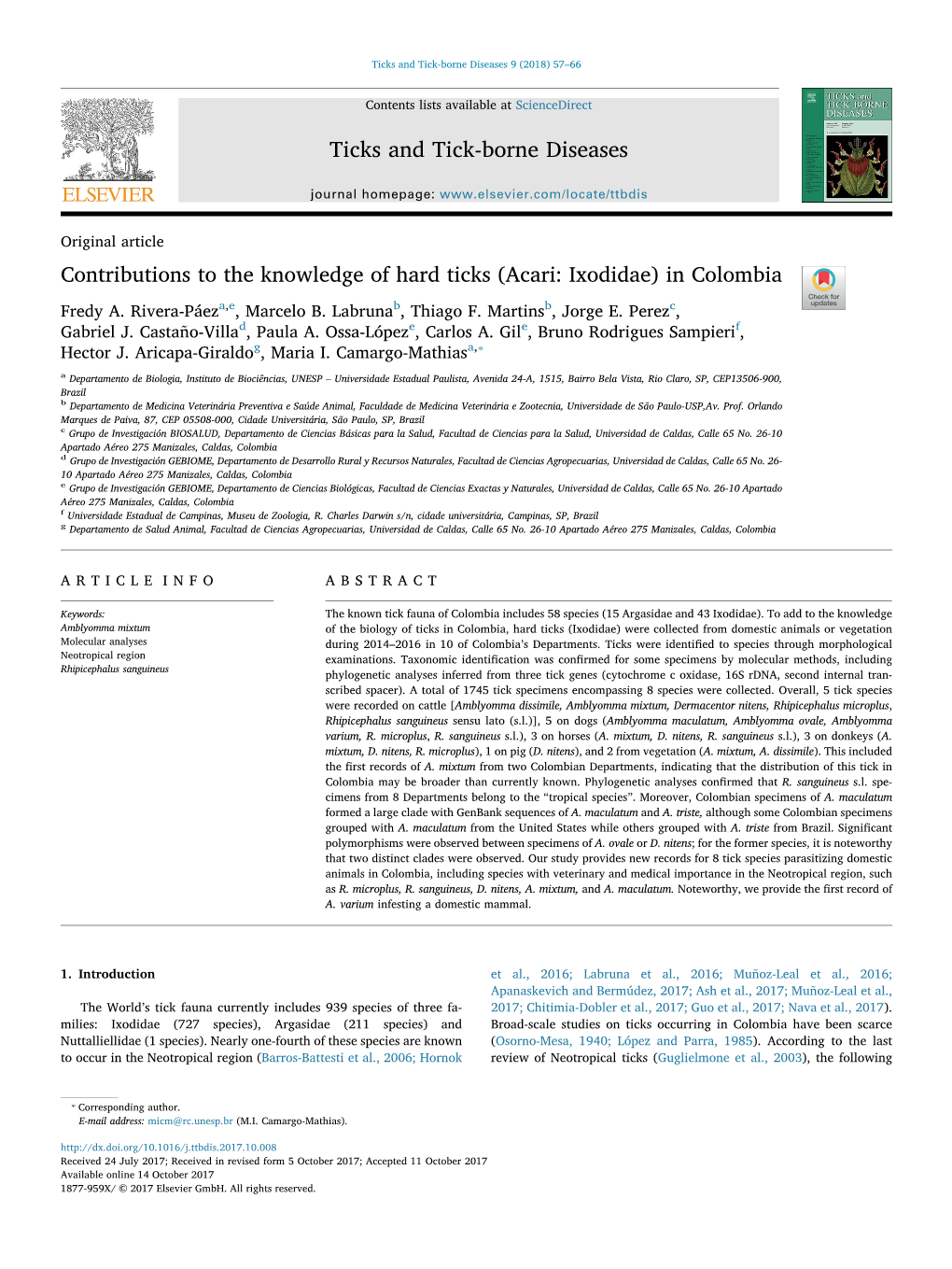 Contributions to the Knowledge of Hard Ticks (Acari Ixodidae)