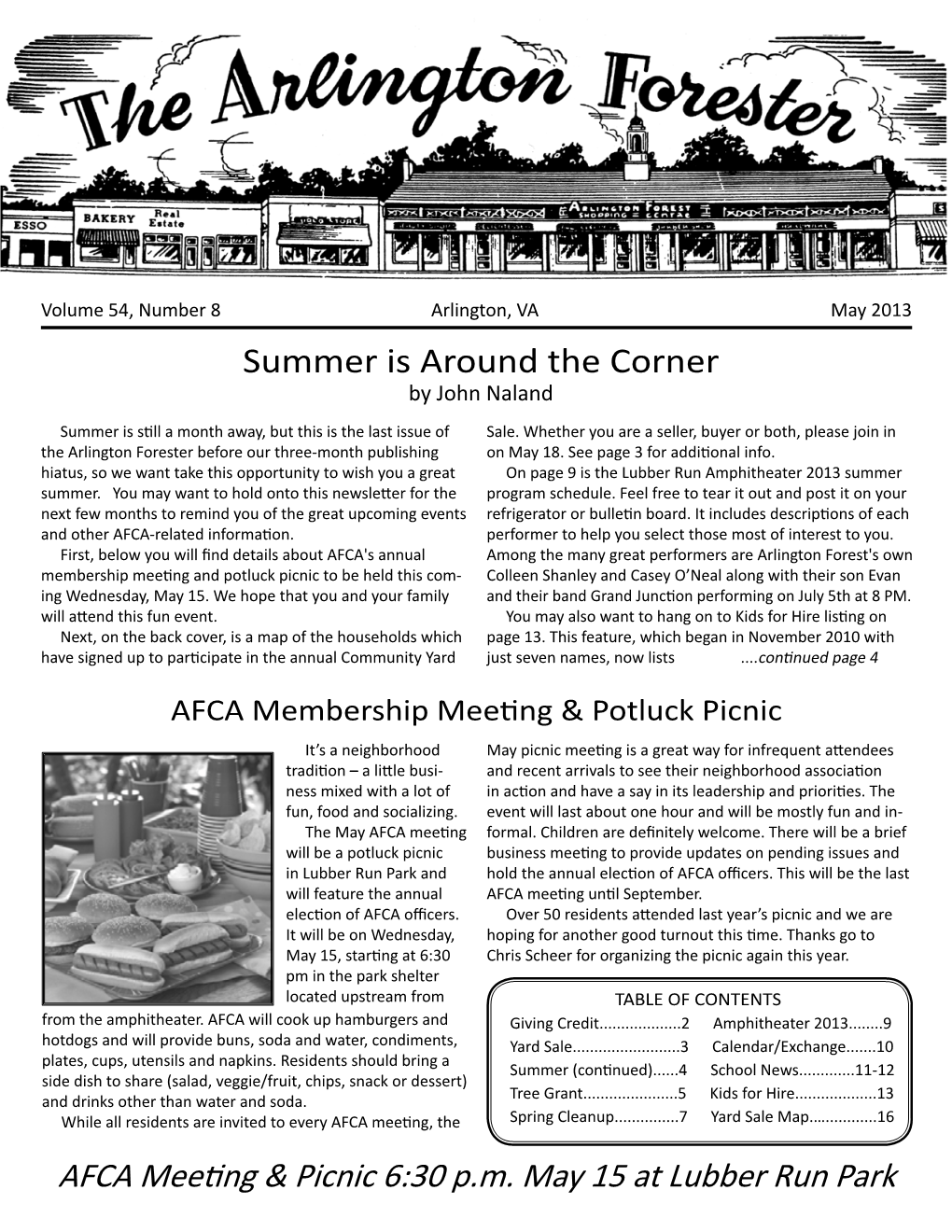 AFCA Meeting & Picnic 6:30 P.M. May 15 at Lubber Run Park Summer Is Around the Corner