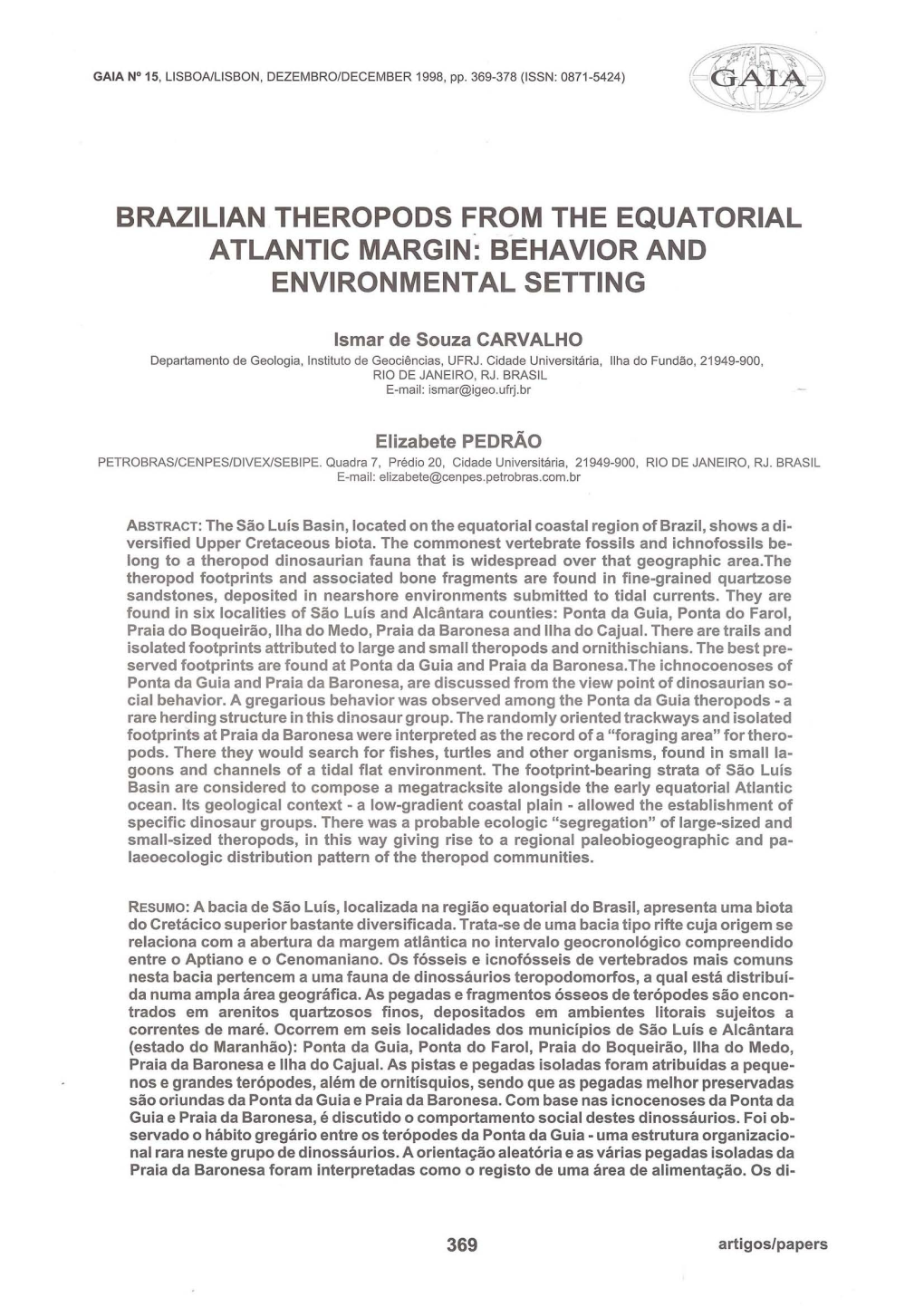 Brazilian Theropods from the Equatorial Atlantic Margin: B-Ehavior and Environmental Setting