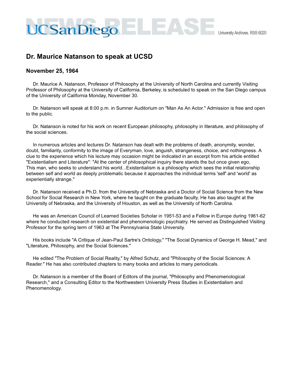 Dr. Maurice Natanson to Speak at UCSD