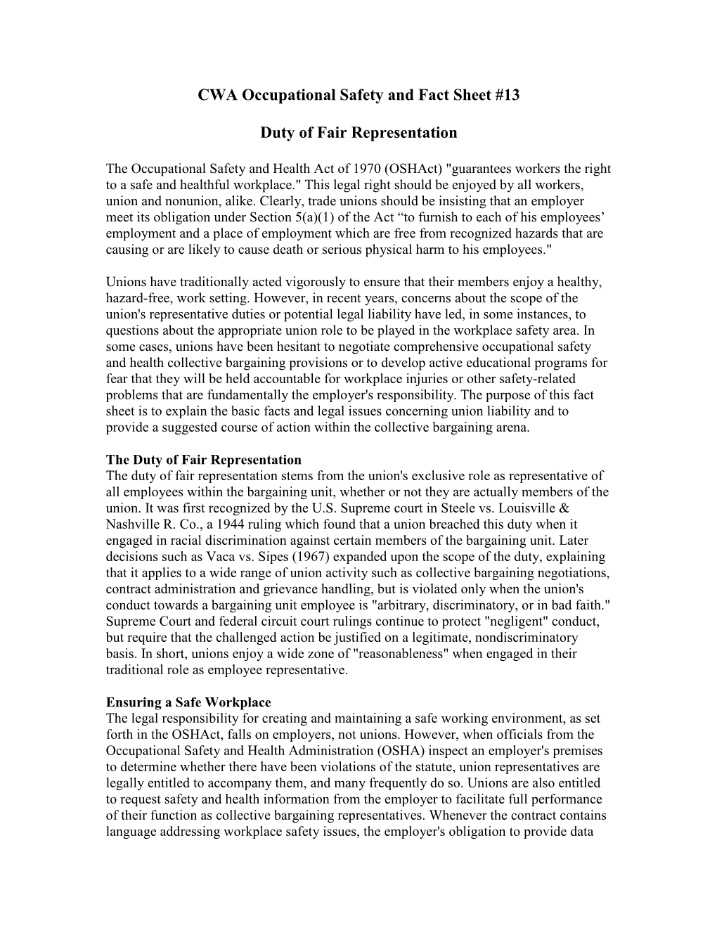 CWA Occupational Safety and Fact Sheet #13 Duty of Fair