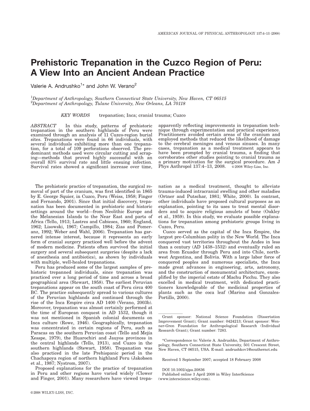 Prehistoric Trepanation in the Cuzco Region of Peru: a View Into an Ancient Andean Practice Valerie A